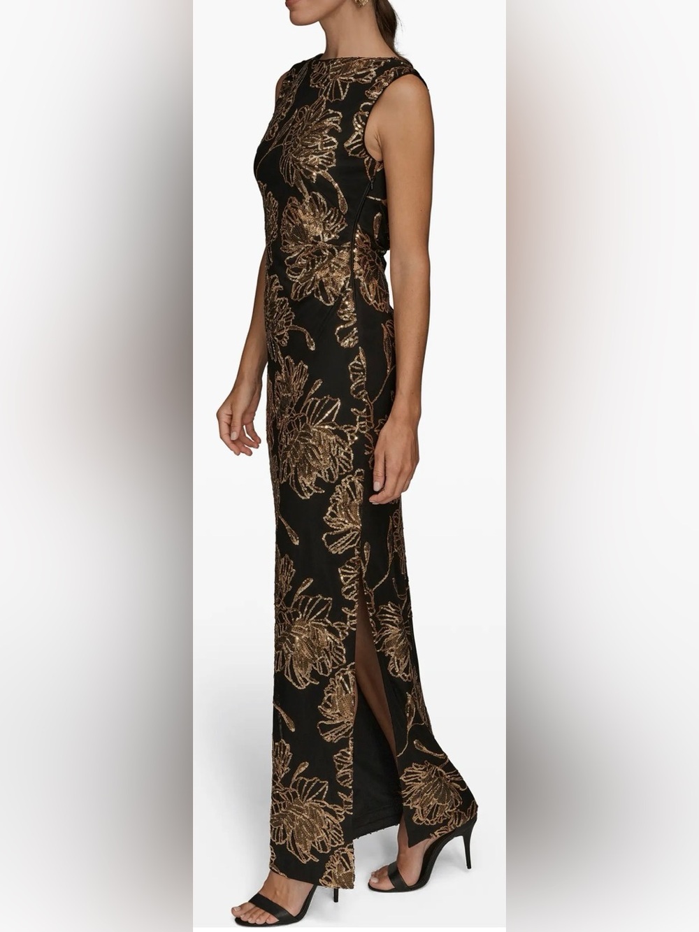 NEW Donna Karan New York Embellished Crew Neck Black gold Ball Gown Sz 6 - Picture 3 of 10